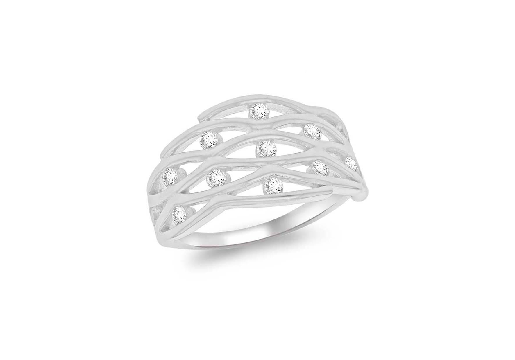 Sterling Silver Rhodium Plated Zirconia Lattie Wave Ring