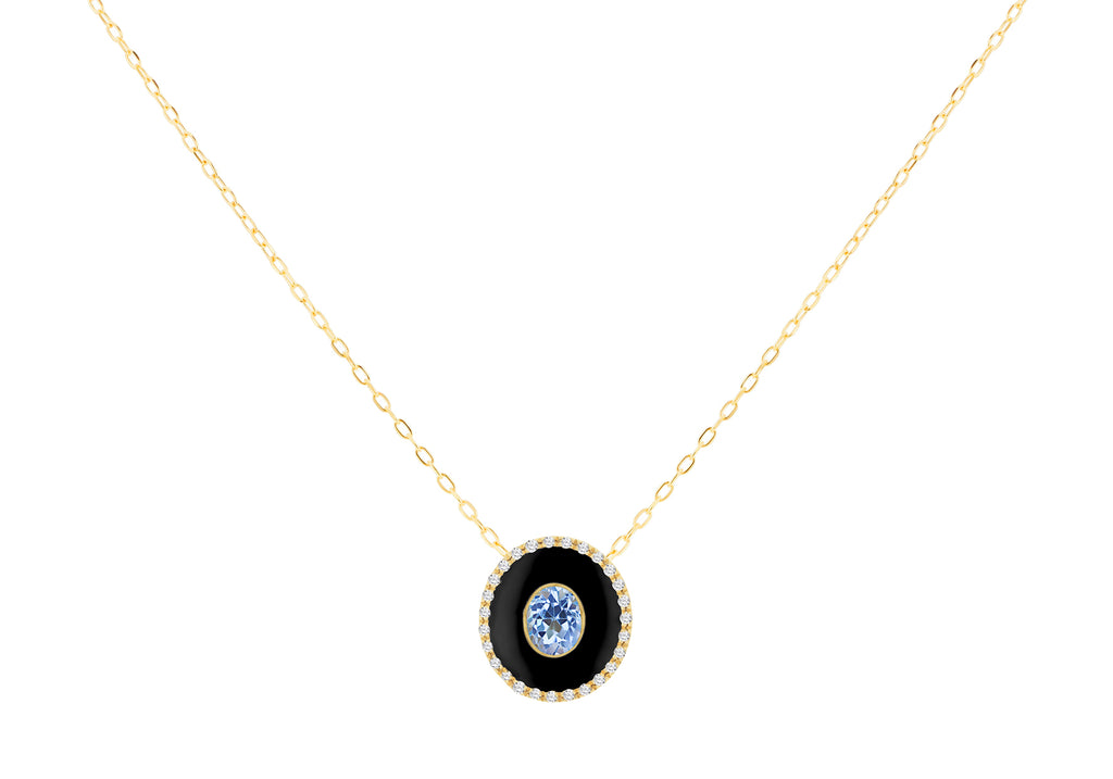 9ct Yellow Gold Blue Topaz  0.135ct Diamond Pendant Necklace
