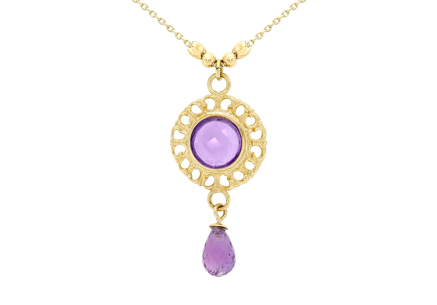 9ct Yellow Gold Amethyst Disc Drop Necklace