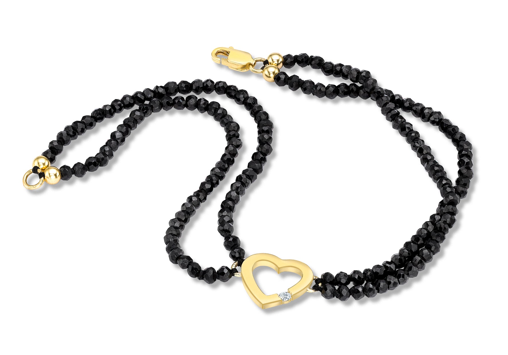 9ct Yellow Gold 0.03ct Diamond Set Heart Charm Black Spinel Bracelet