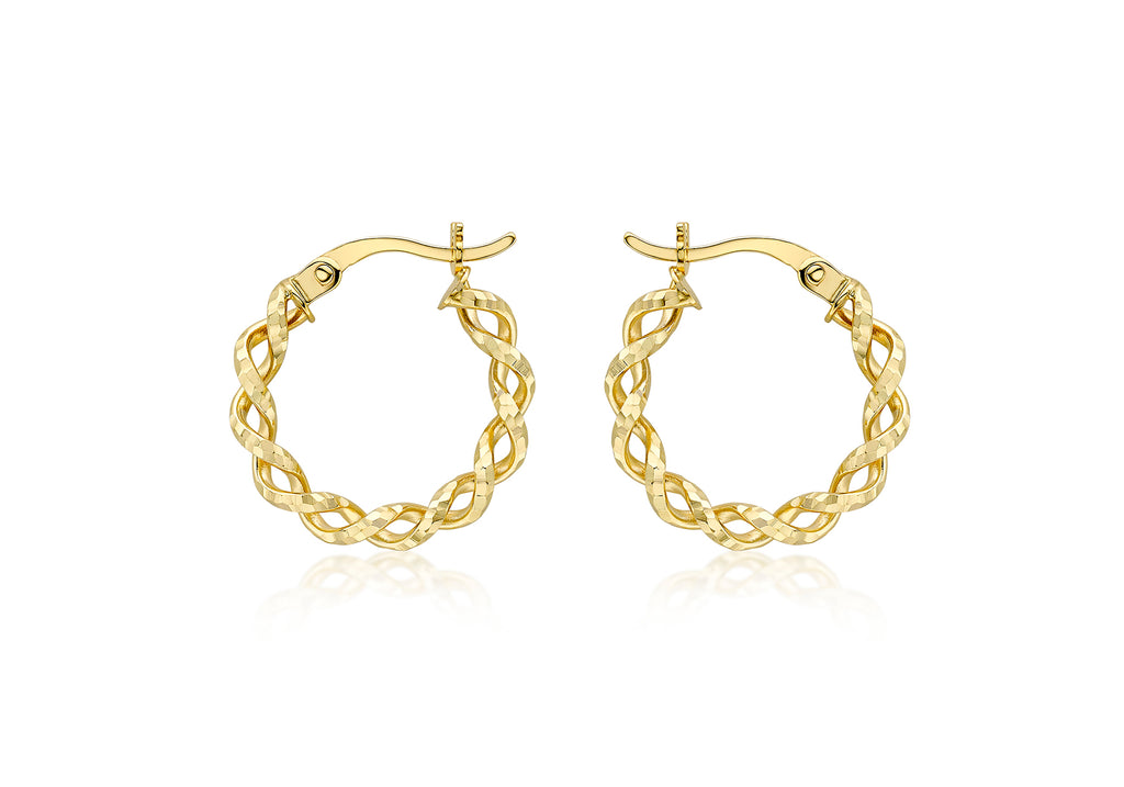 9ct Yellow Gold Diamond-Cut Twisted Braided Hoop Earrings