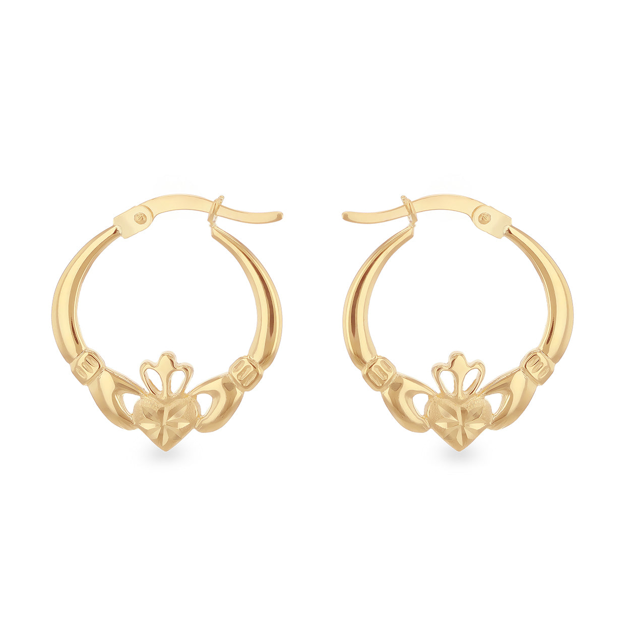 9ct Yellow Gold Diamond Cut Claddagh Creole Earrings