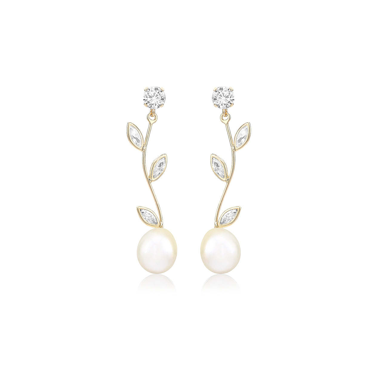 9ct Yellow Gold Zirconia & Freshwater Pearl Flower Stem Drop Earrings