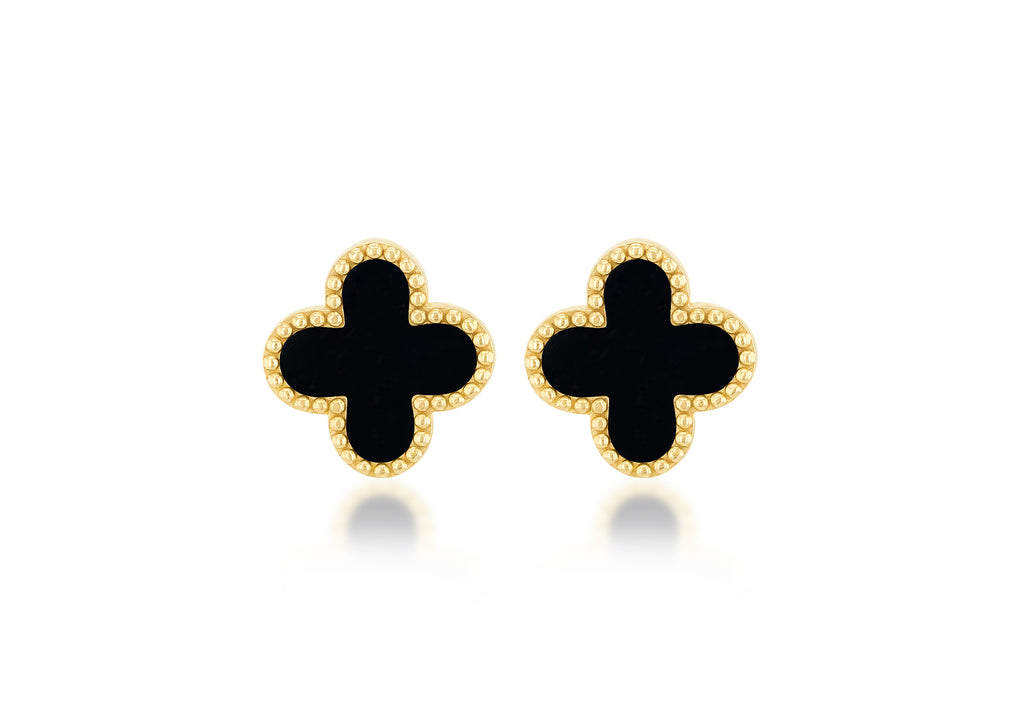 9ct Yellow Gold Black Onyx Clover Stud Earrings