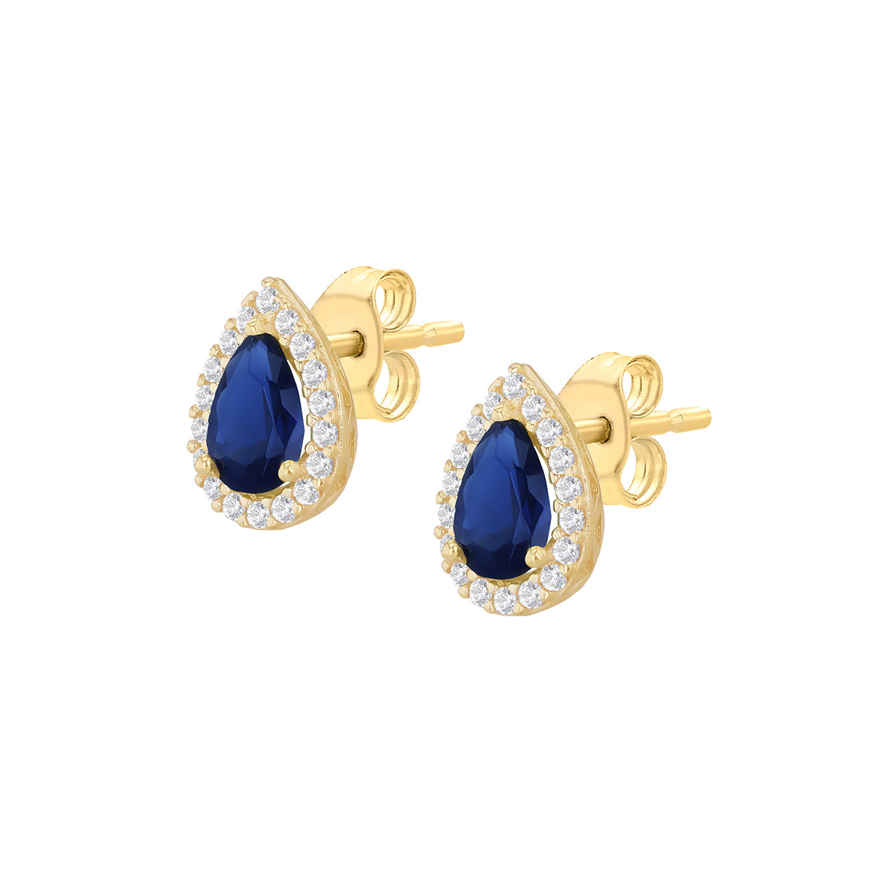 9ct Yellow Gold Blue Zirconia Teardrop Halo Stud Earrings