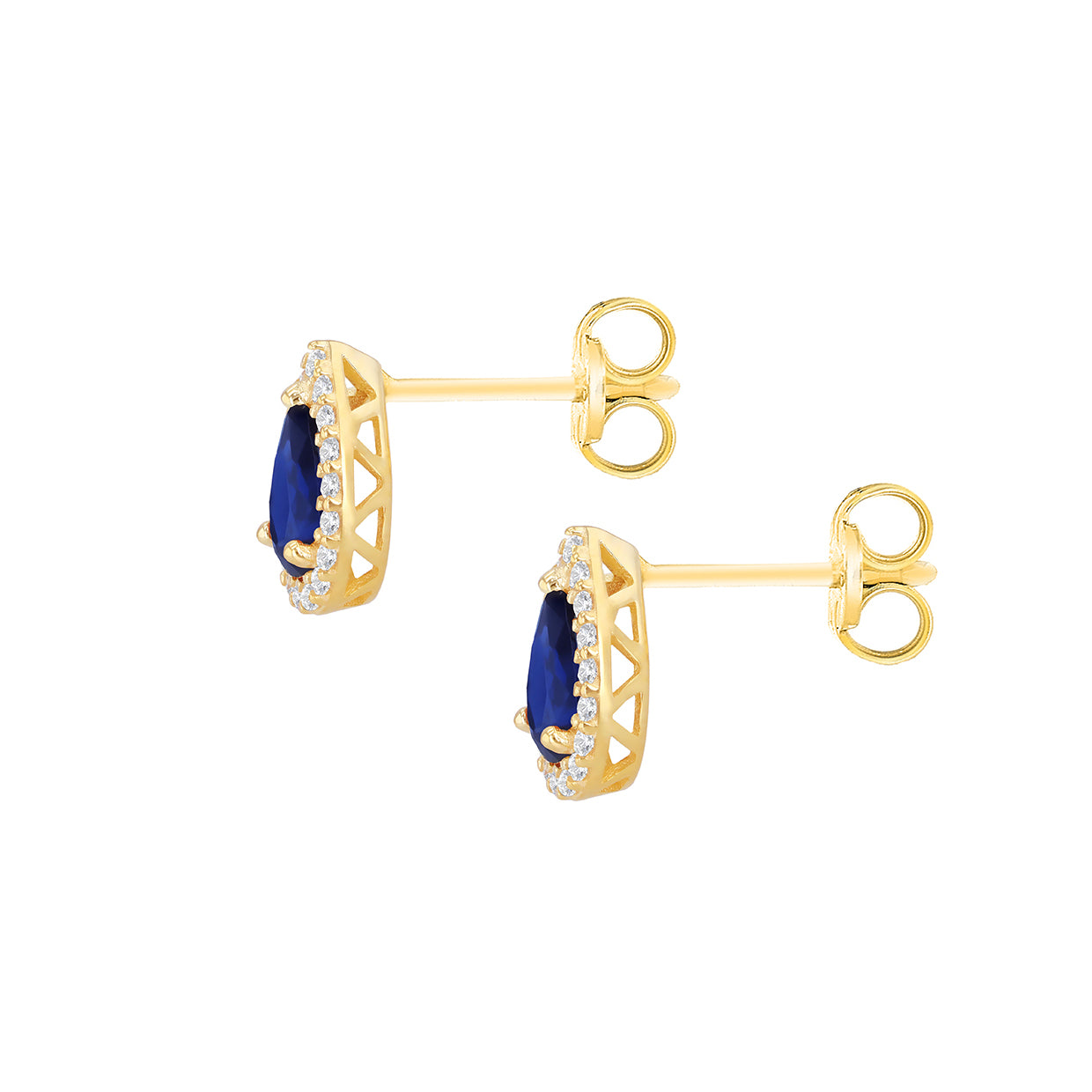 9ct Yellow Gold Blue Zirconia Teardrop Halo Stud Earrings