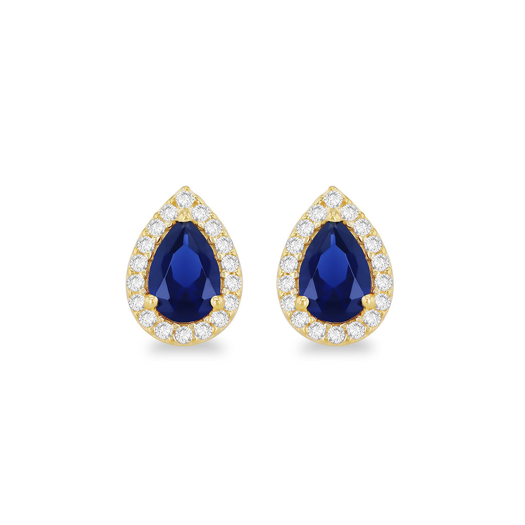 9ct Yellow Gold Blue Zirconia Teardrop Halo Stud Earrings
