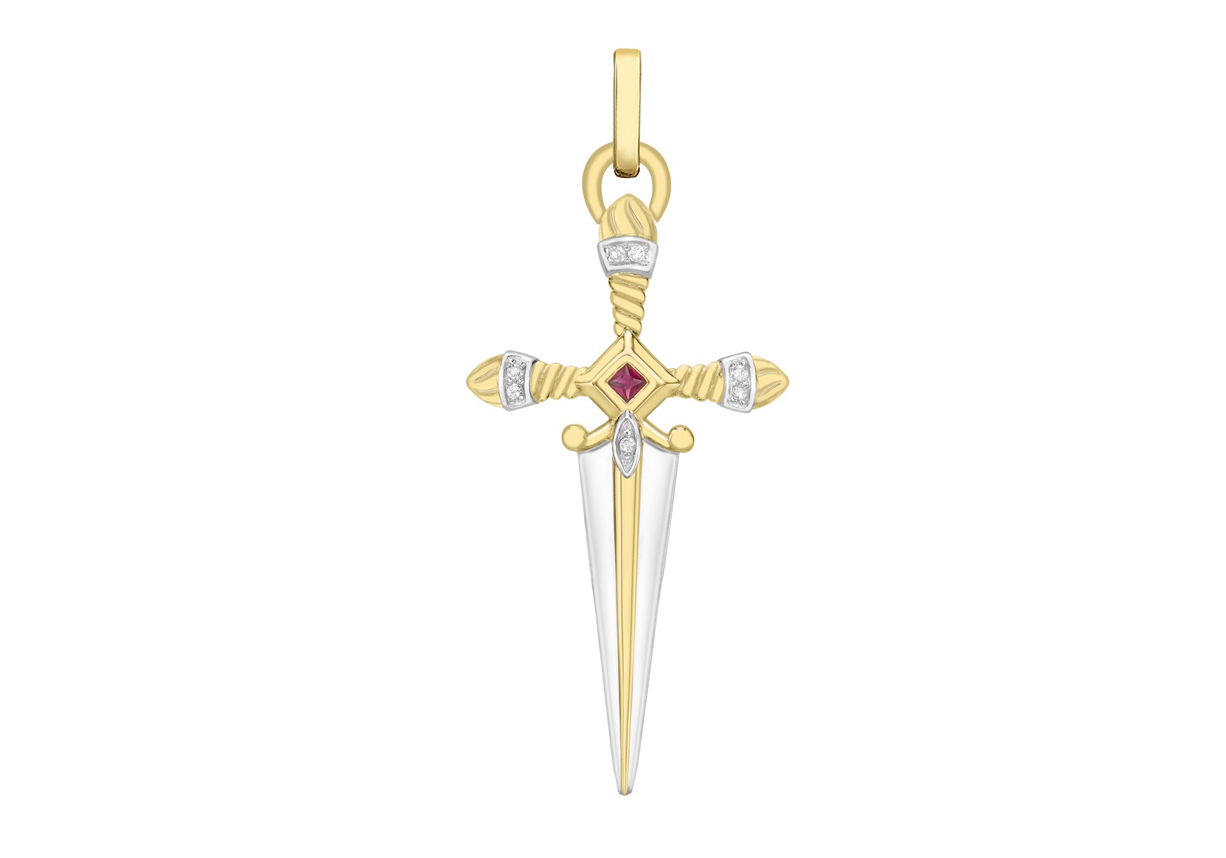 9ct Two-Tone Gold 0.05ct Diamond & Ruby Dagger Pendant