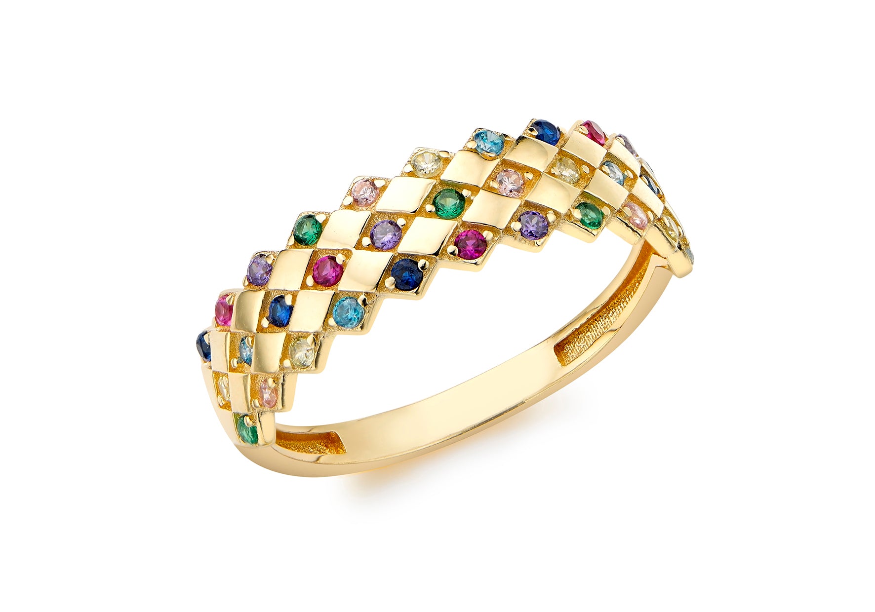 9ct Yellow Gold Rhombus Rainbow Zirconia Ring