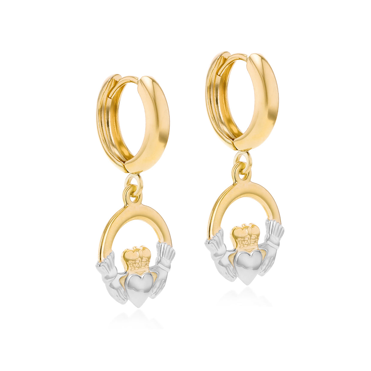 9ct Two-Tone Gold Hoop & Claddagh Drop Earrings