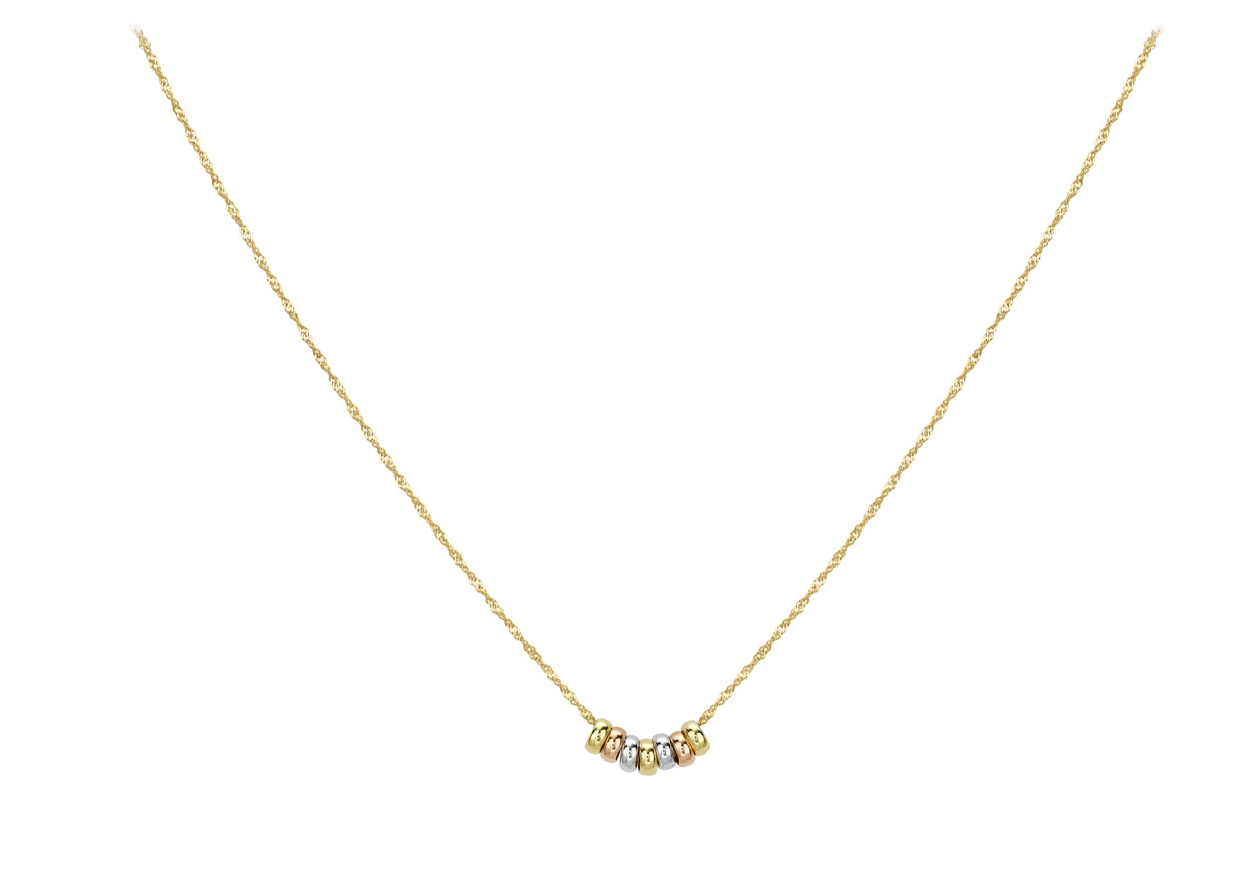 9ct Tri-Colour Gold Mini 7 Lucky Rings Pendant Twist Chain Necklace