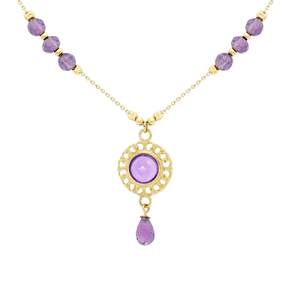 9ct Yellow Gold Amethyst Disc Drop Necklace