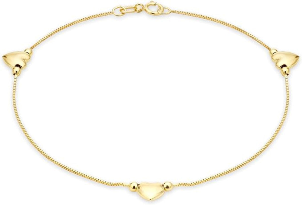 9ct Yellow Gold Triple Heart Box Chain Anklet