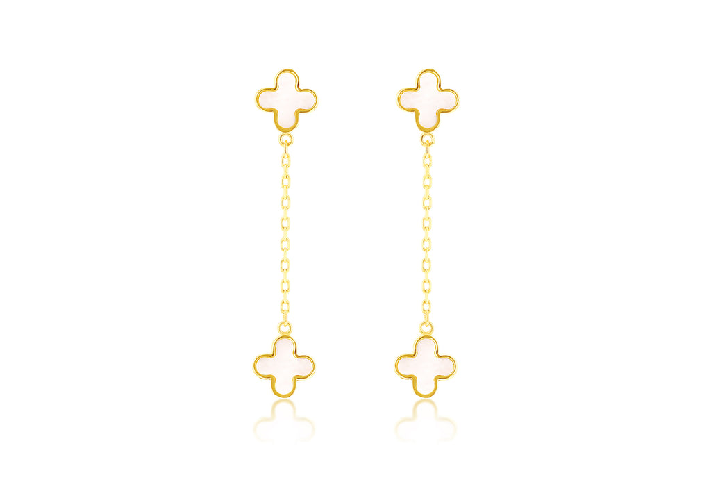 18ct Yellow Gold Mother Of Pearl Clover Petal Drop Stud Earrings