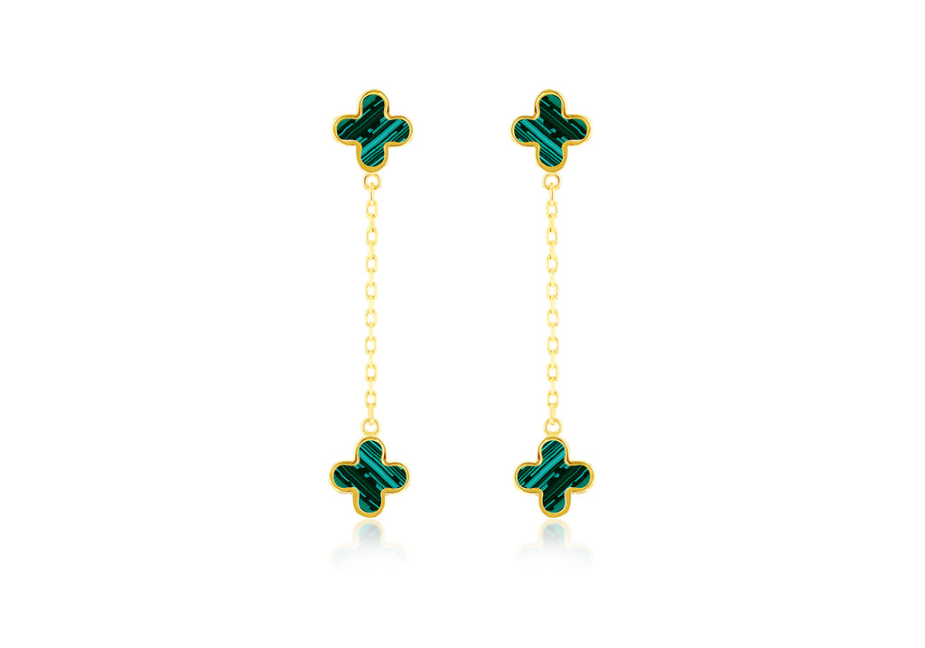 18ct Yellow Gold Malachite Clover Petal Drop Stud Earrings