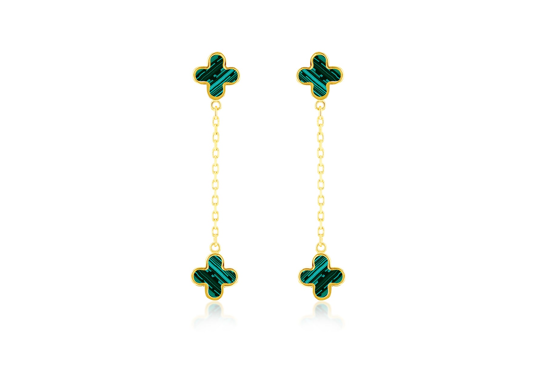 18ct Yellow Gold Malachite Clover Petal Drop Stud Earrings