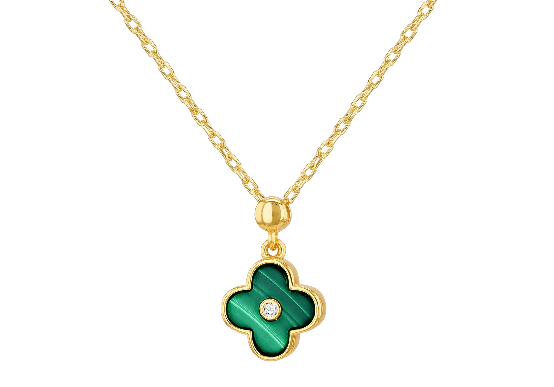 Gold Plated Sterling Silver Clover Malachite Zirconia Pendant