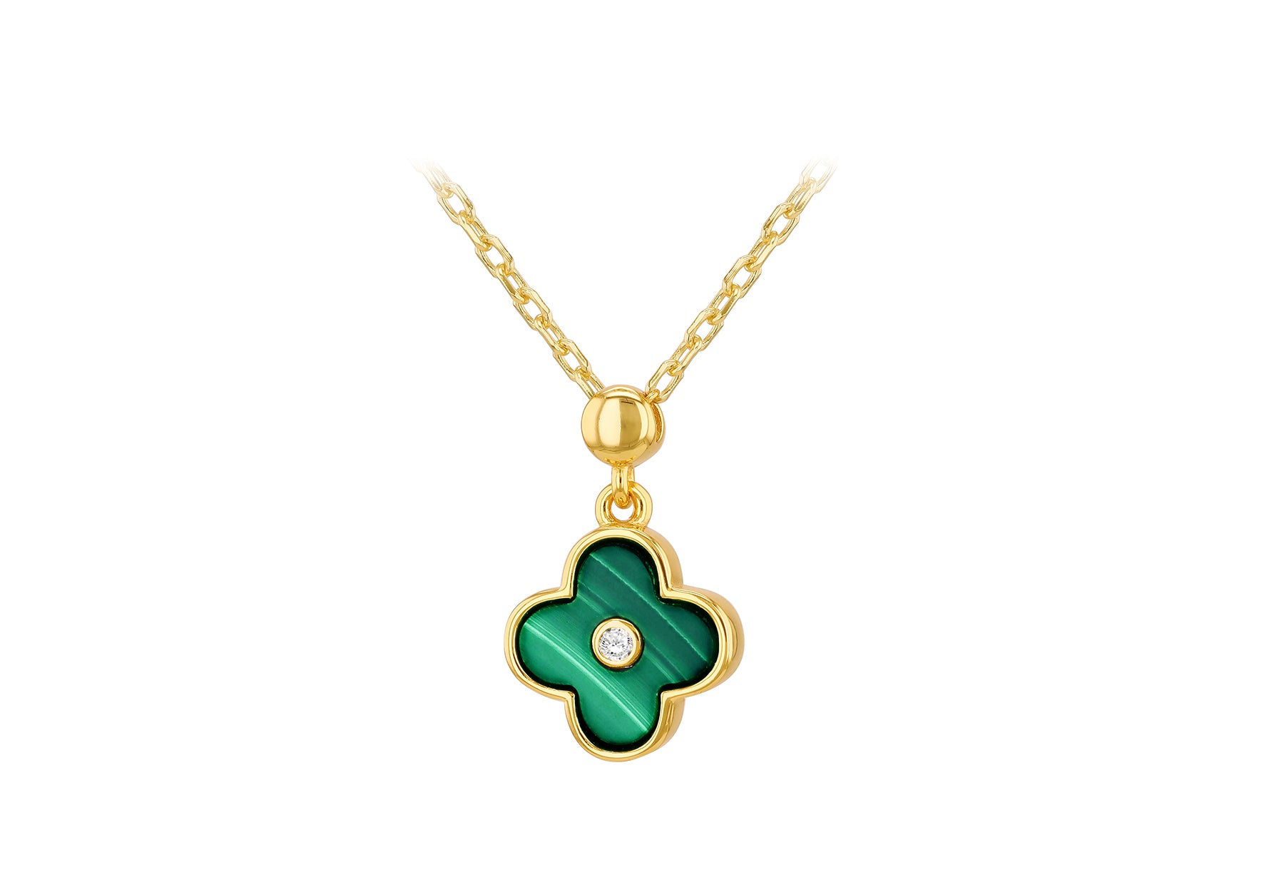 Gold Plated Sterling Silver Clover Malachite Zirconia Pendant