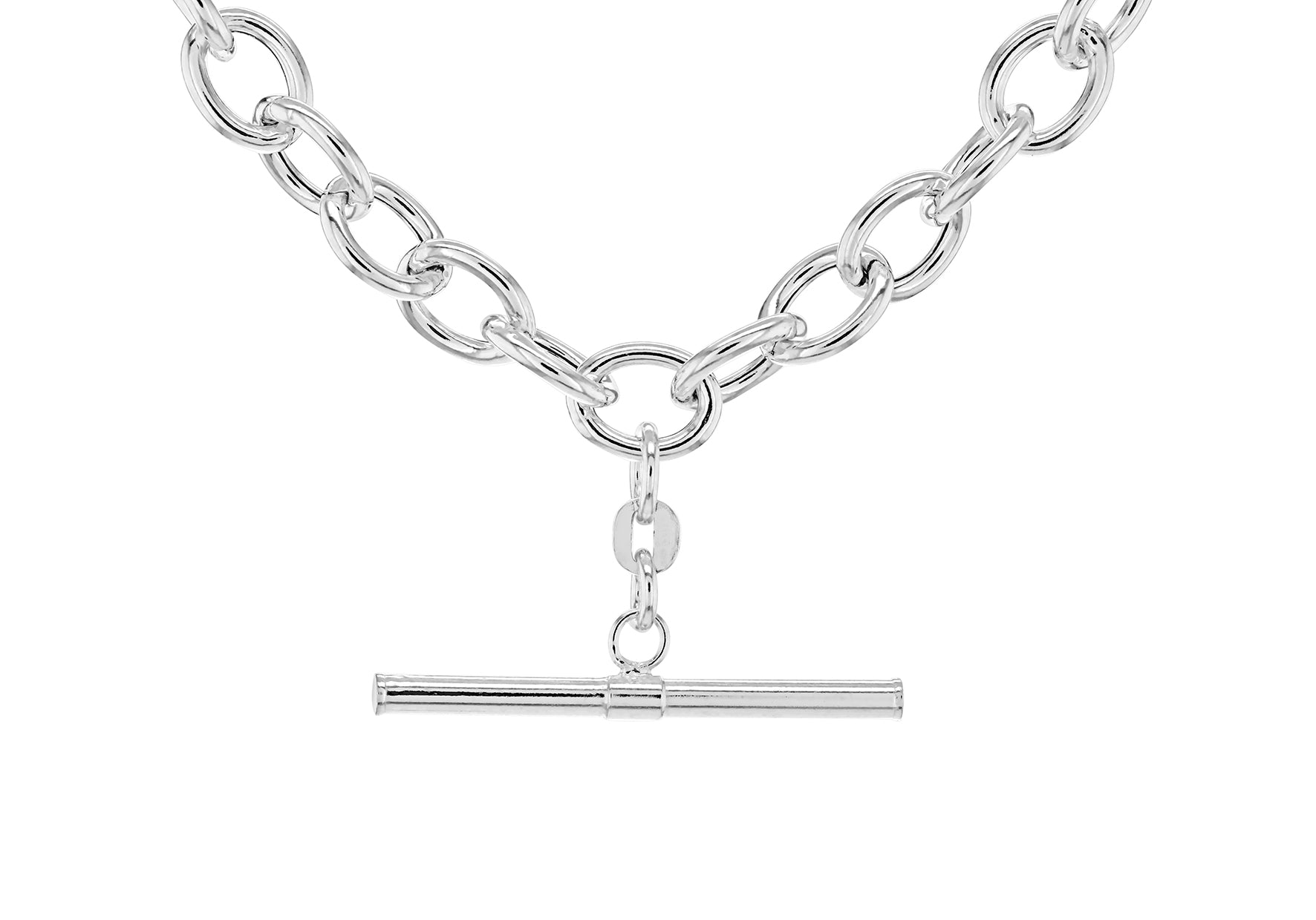 Sterling Silver T-Bar Belcher Chain Oval Links Albert Clasp Necklace