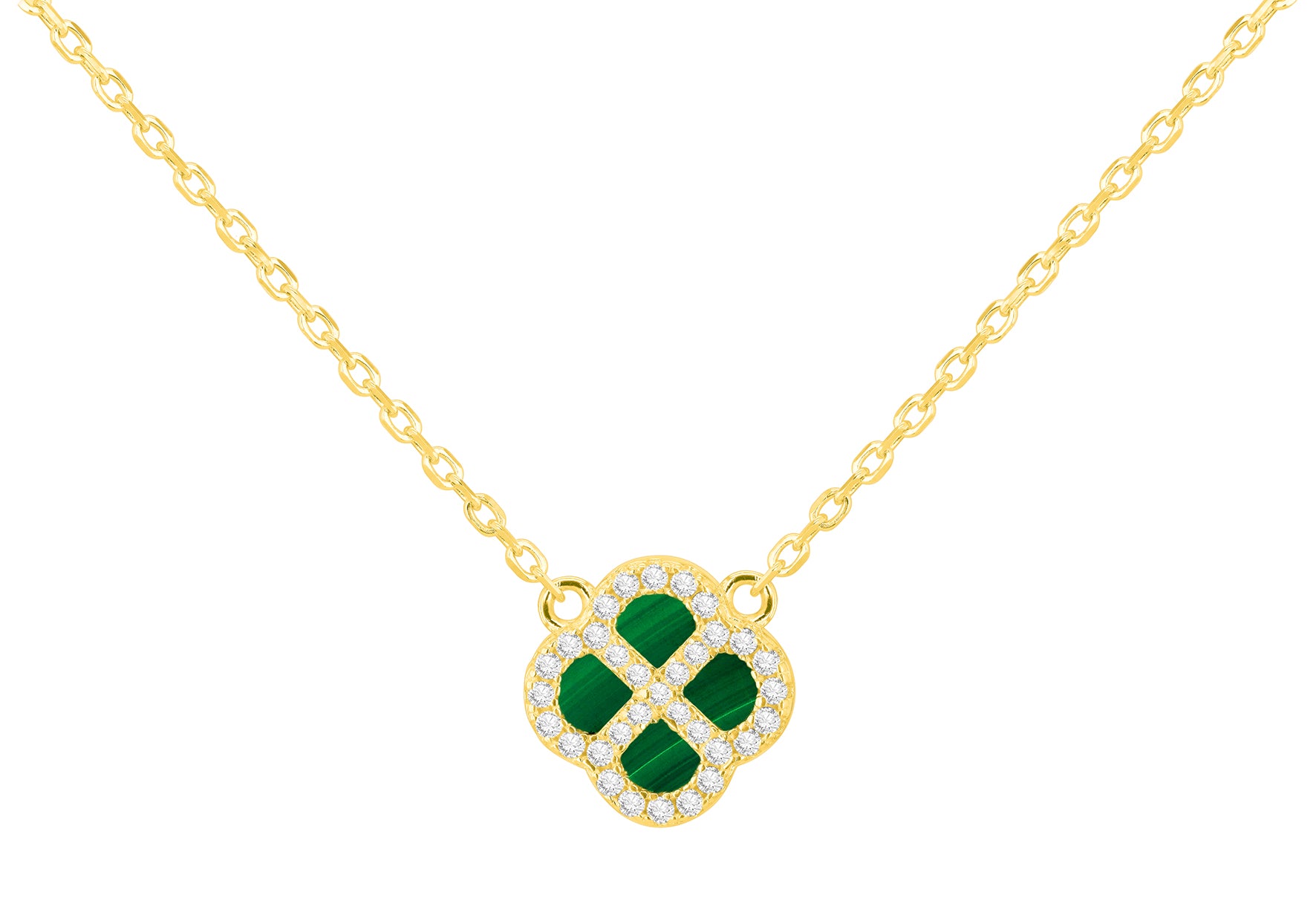 Yellow Gold Plated Sterling Silver Malachite & Zirconia Clover Pendant