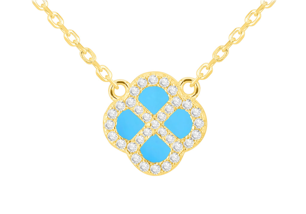 Yellow Gold Plated Sterling Silver Turquoise Clover & Zirconia Pendant