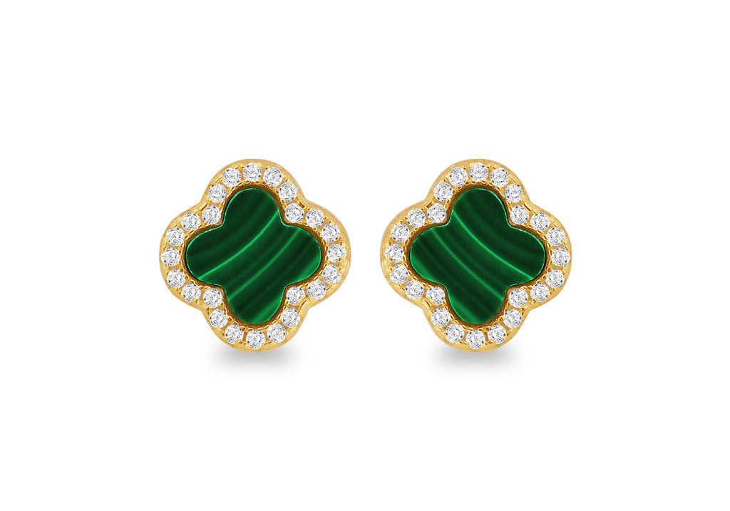 Yellow Gold Plated Sterling Silver Malachite Clover Stud Earrings