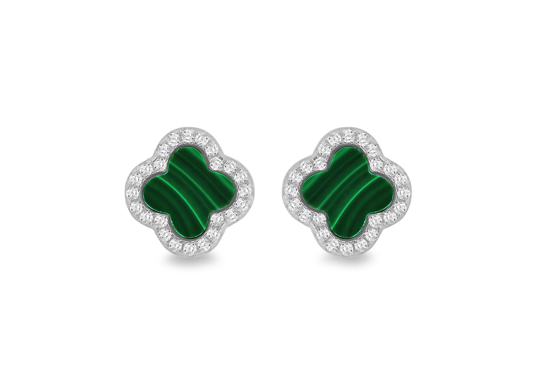 Sterling Silver Malachite & White Zirconia Clover Stud Earrings