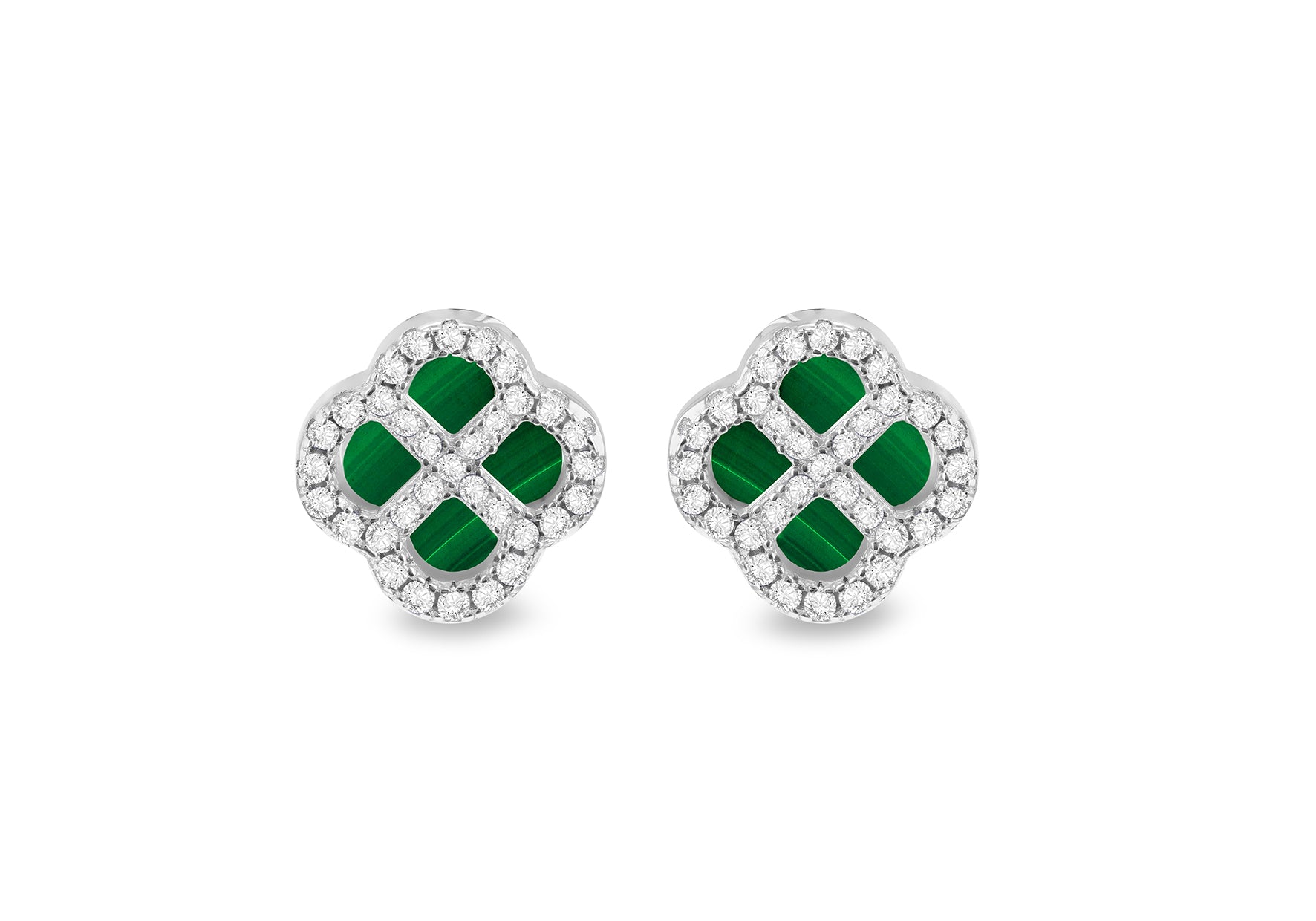 Sterling Silver Malachite & White Zirconia Clover Stud Earrings