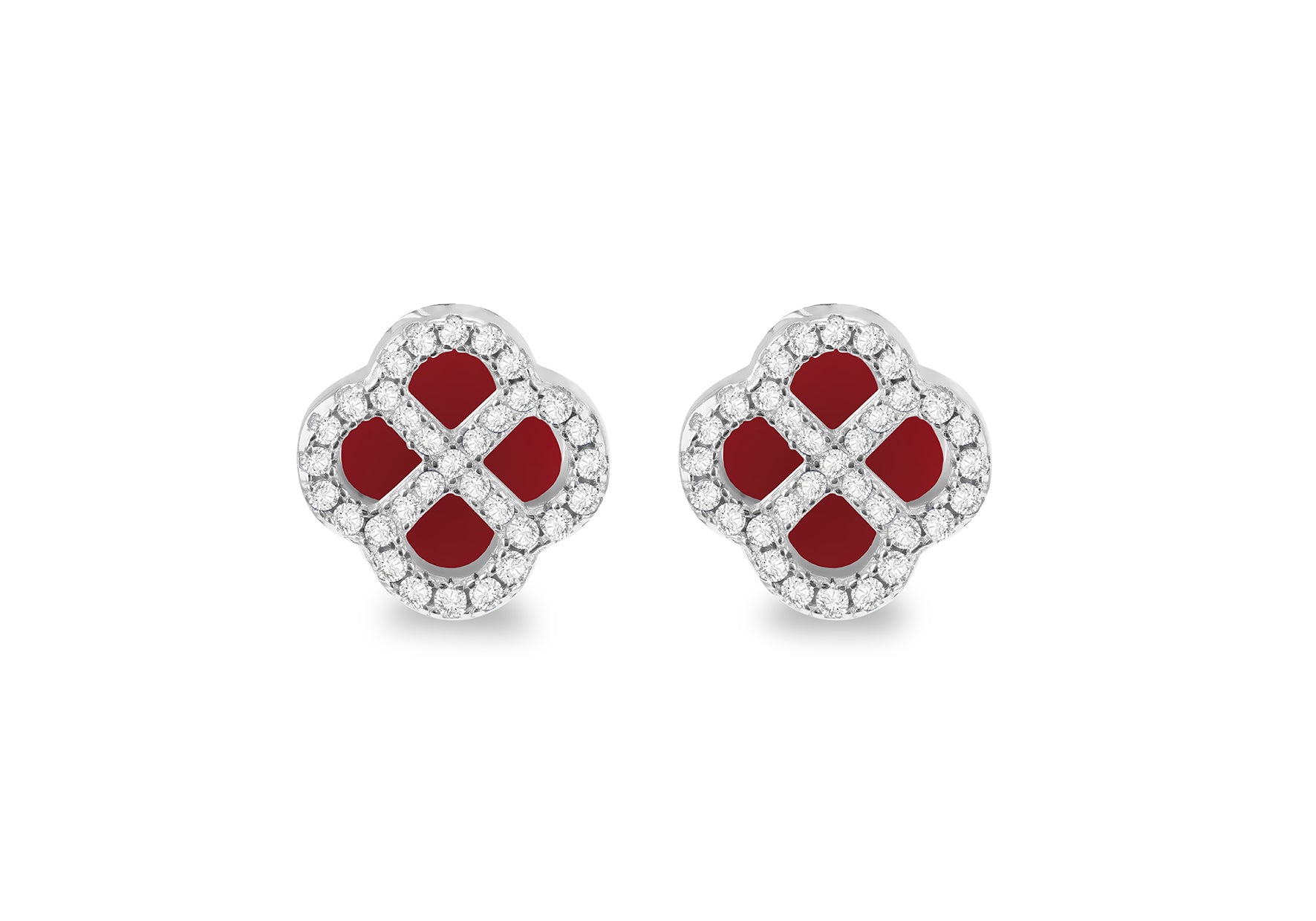 Sterling Silver Red Agate & White Zirconia Clover Stud Earrings