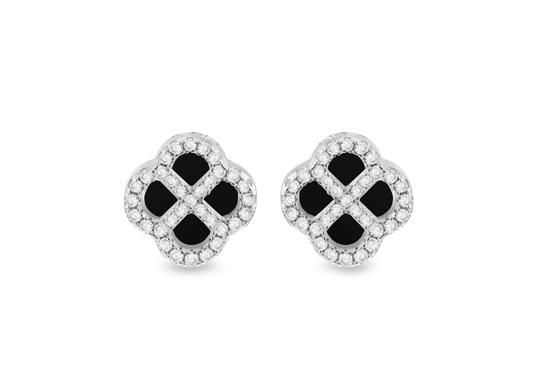 Sterling Silver Black Agate & White Zirconia Clover Stud Earrings