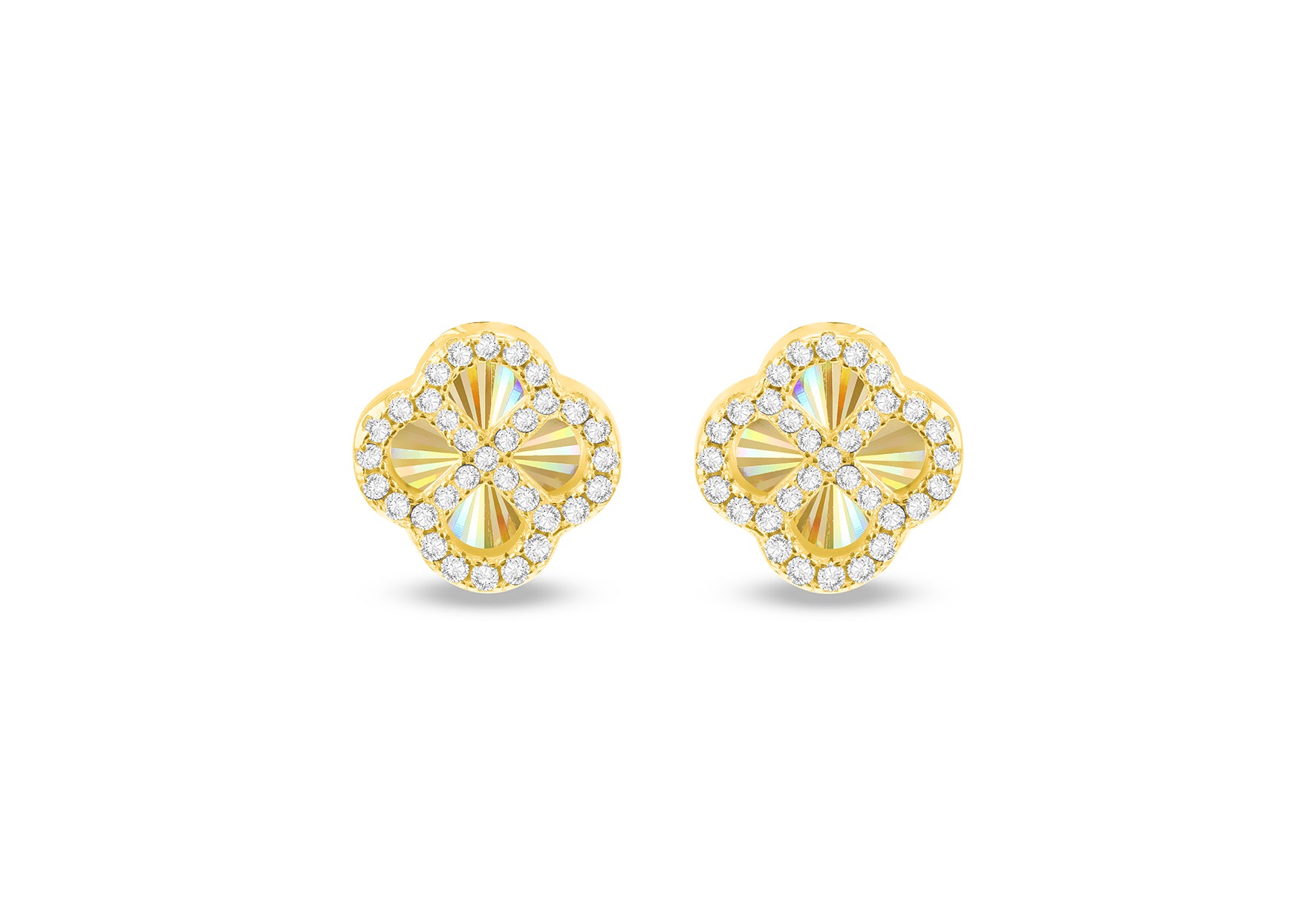 Gold Plated Sterling Silver Rainbow Clover White Zirconia Stud Earrings
