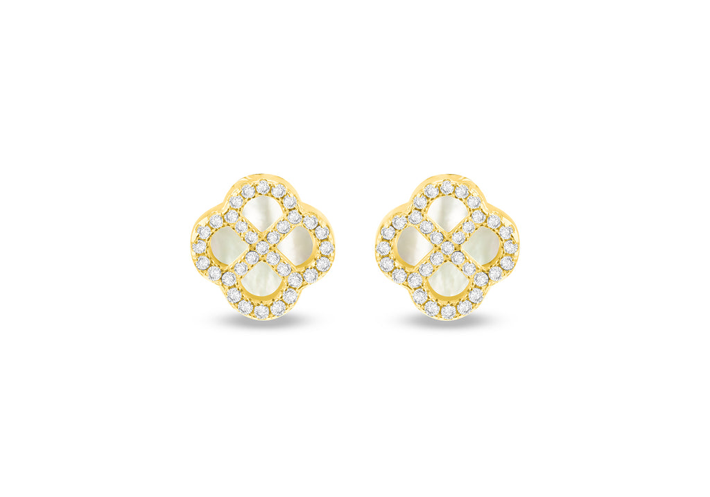 Gold Plated Silver Mother Of Pearl Clover & White Zirconia Stud Earrings