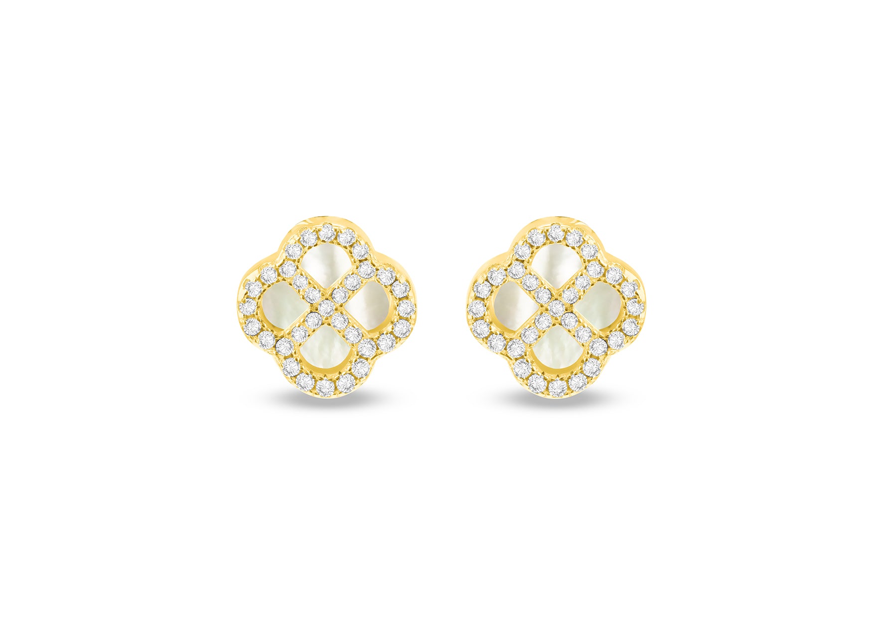 Gold Plated Silver Mother Of Pearl Clover & White Zirconia Stud Earrings