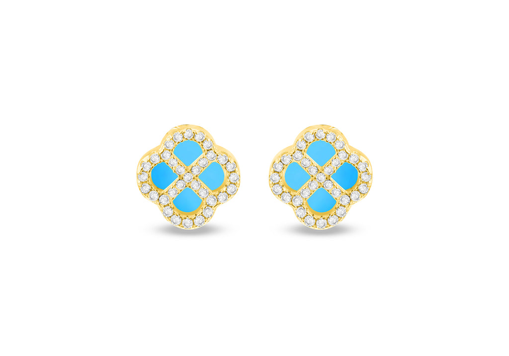 Gold Plated Silver Turquoise Clover & White Zirconia Stud Earrings
