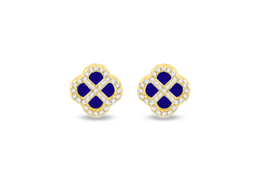 Gold Plated Silver Blue Lazurite Clover & White Zirconia Stud Earrings
