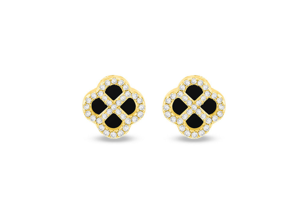 Gold Plated Silver Black Agate Clover & White Zirconia Stud Earrings