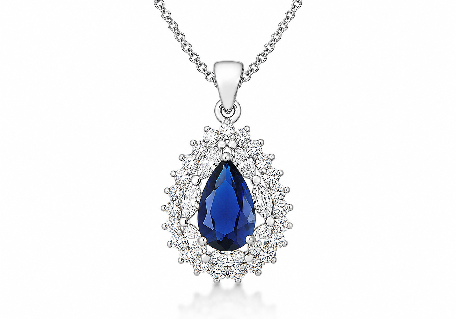 Sterling Silver Blue & White Zirconia Stone Set Cluster Teardrop Pendant