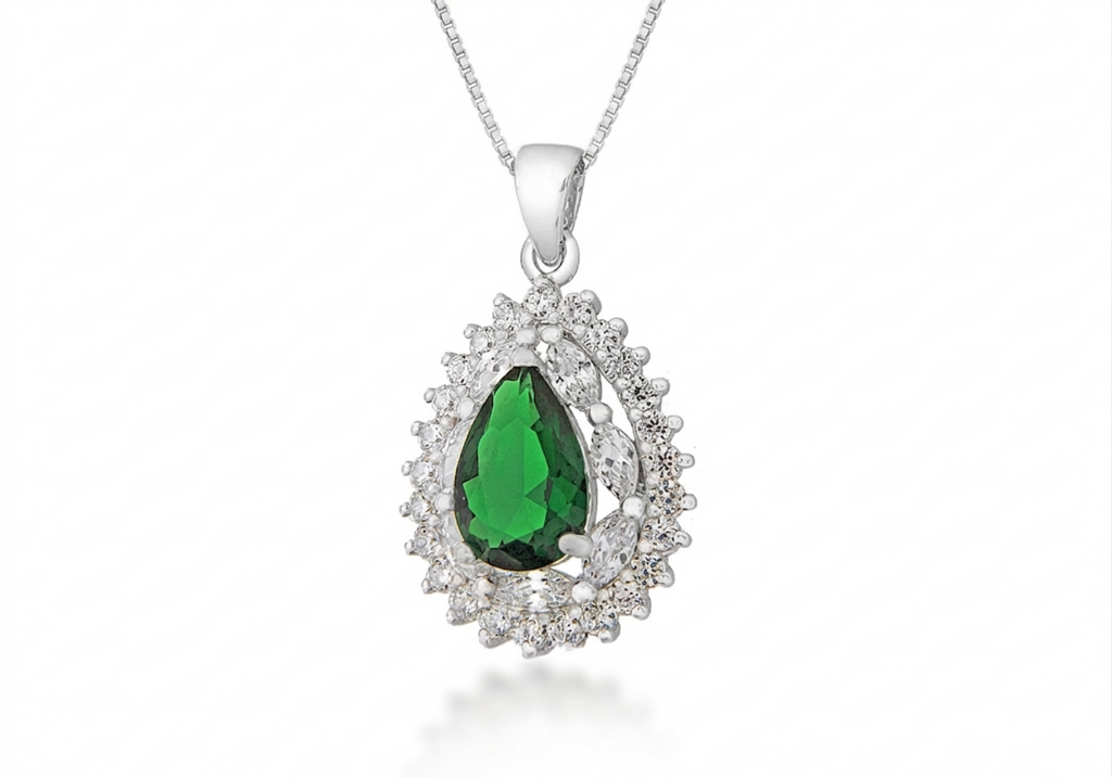 Emerald Green & White Zirconia Sterling Silver Cluster Teardrop Pendant