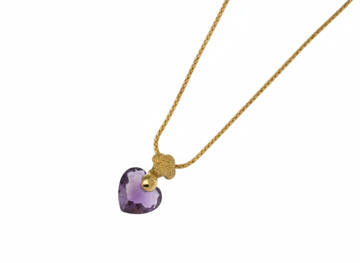 9ct Yellow Gold Faceted Amethyst Heart Spiga Chain Pendant