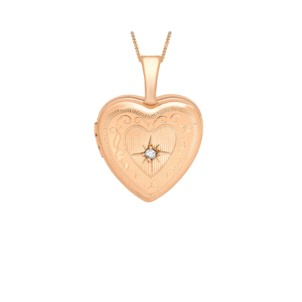 9ct Rose Gold 0.01ct Diamond Set Etched Heart Locket