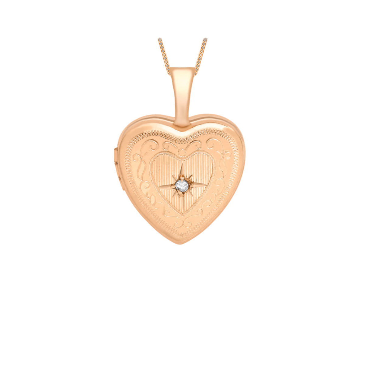 9ct Rose Gold 0.01ct Diamond Set Etched Heart Locket