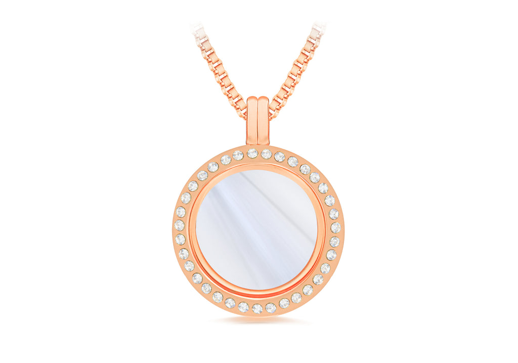 Stainless Steel Rose Coloured Crystal Treasure Charm Locket on Box Chain