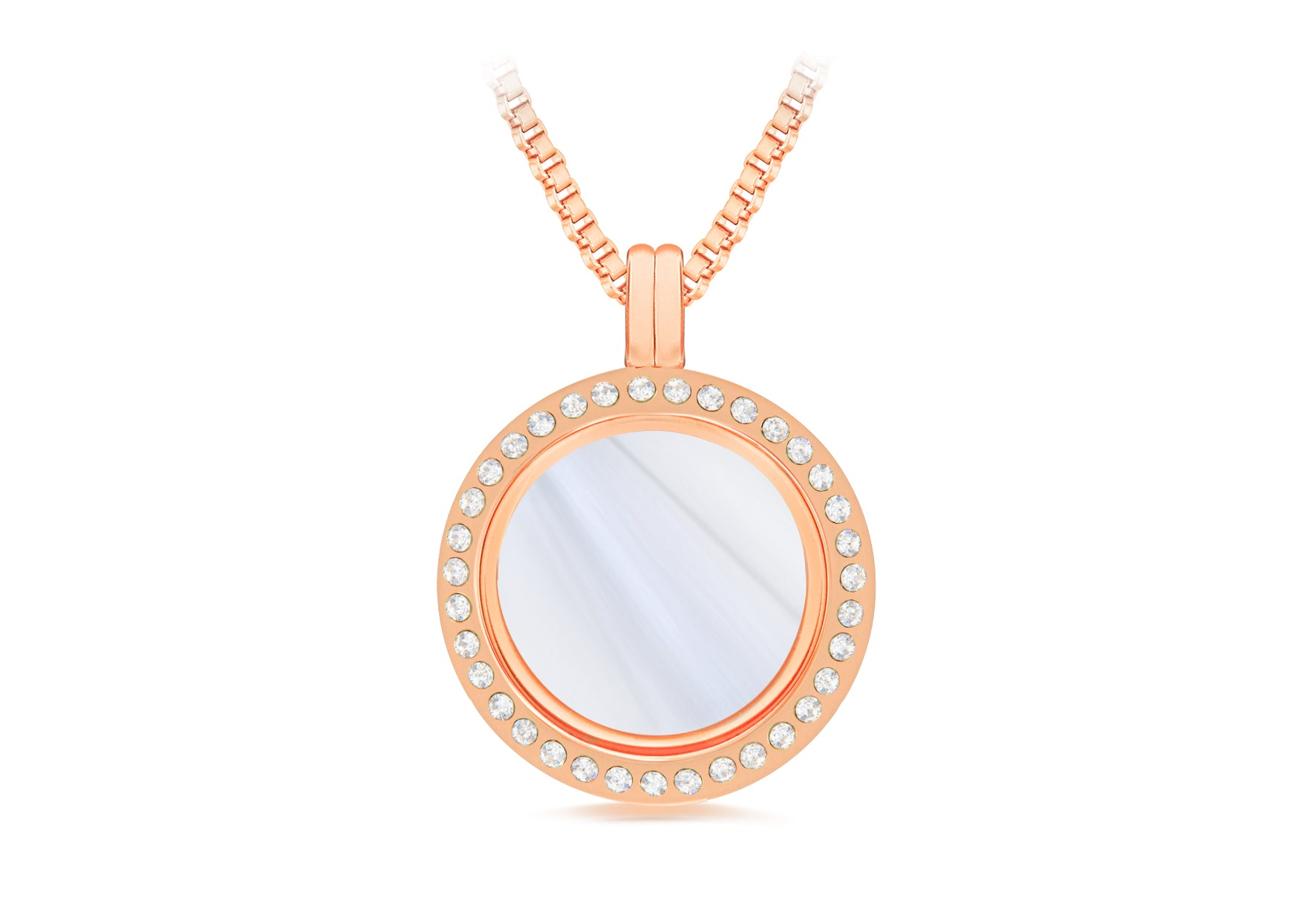 Stainless Steel Rose Coloured Crystal Treasure Charm Locket on Box Chain