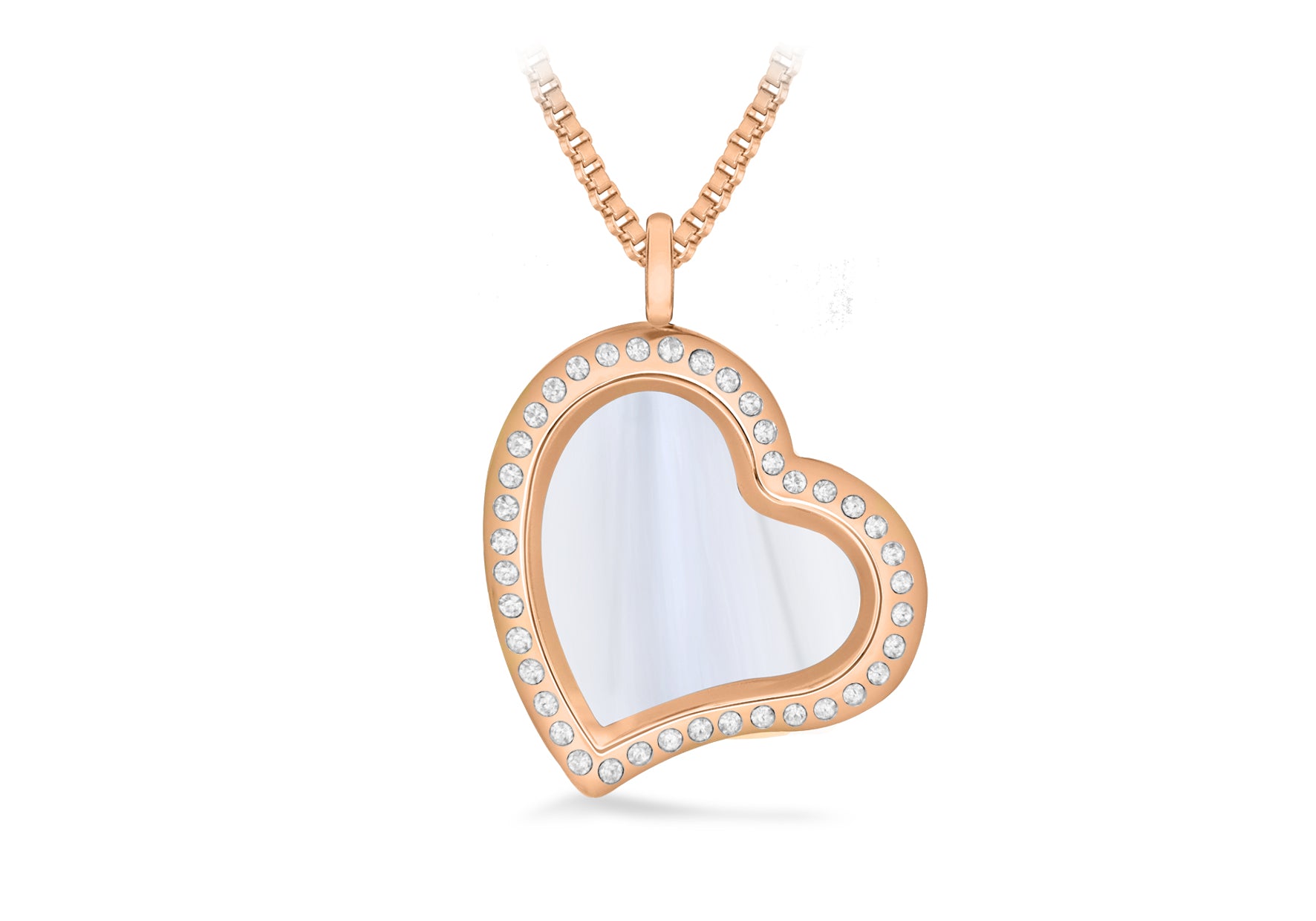 Rose Coloured Crystal Heart Treasure Charm Locket on Box Chain