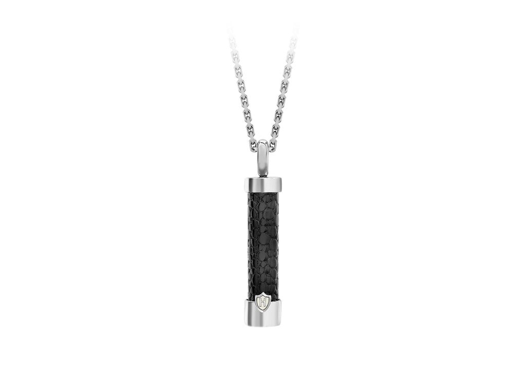 Hoxton London Men's Sterling Silver Black Leather Inlay ylindrial Drop Adjustable Pendant