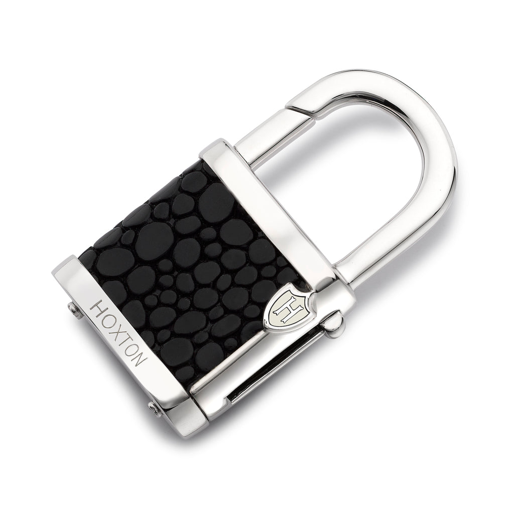 Hoxton London Men's Sterling Silver Black Leather Inlay Padlok KeyRing