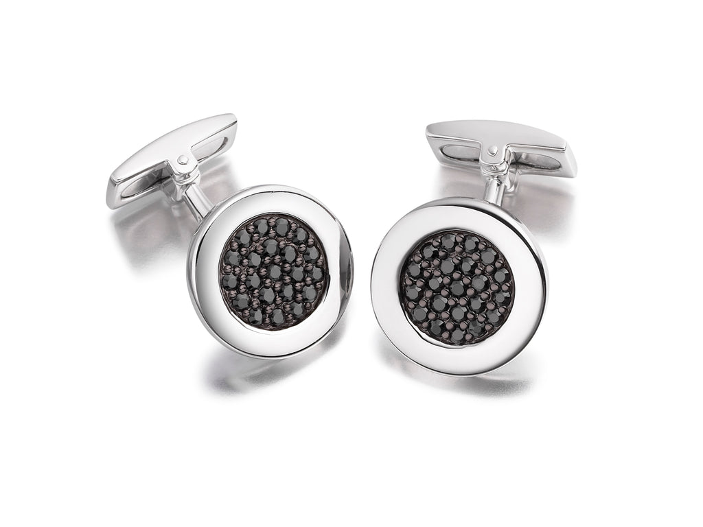 Hoxton London Men's Sterling Silver Round Black Zirconia  Cufflinks