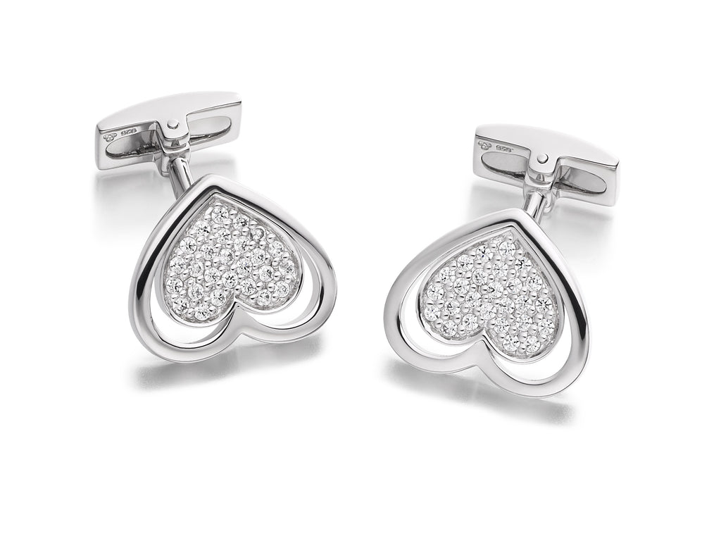 Hoxton London Men's Sterling Silver Heart Zirconia  Cufflinks