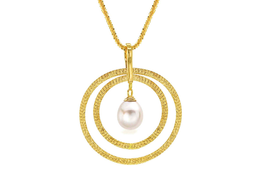 9ct Yellow Gold Pearl and Textured Rings Pendant Heart Slider Necklace  61m/24"9