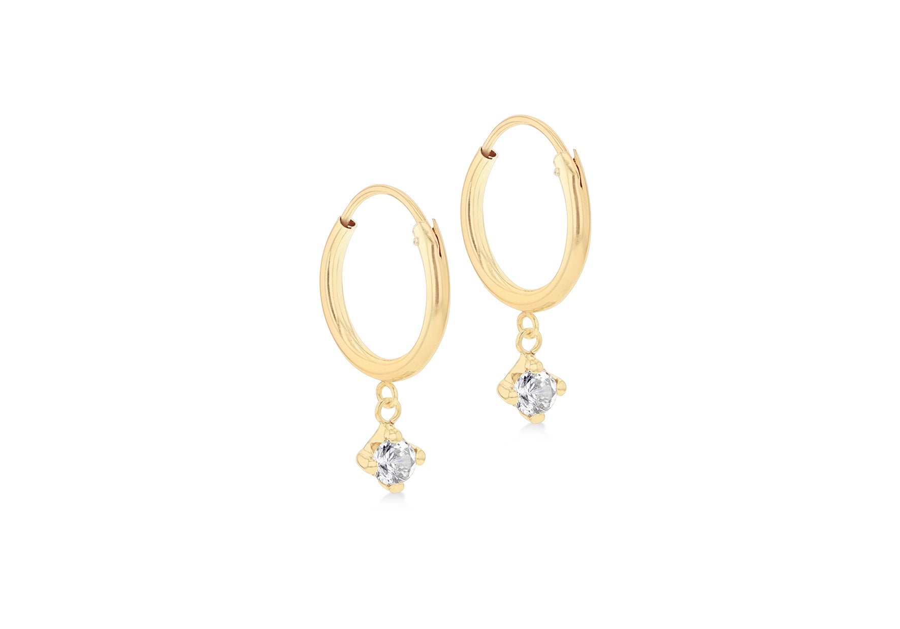 9ct Yellow Gold White Zirconia Hoop Drop Earrings
